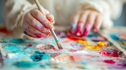 Naklejka premium Macro shot of child painting with brush on colorful watercolor tray, messy hands and vibrant pigments, creative learning and playful art concept