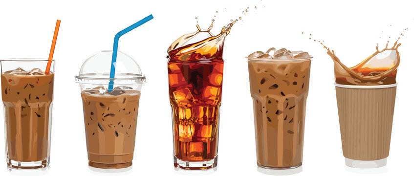 Iced coffee drinks realistic vector set with splashes and ice cubes. Cold brew beverages in glass and takeaway cups. Perfect for cafe menu and advertising design.