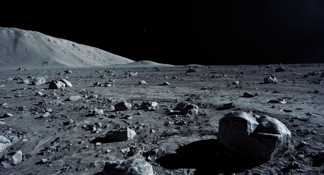 Lunar soil and rock formations viewed from an envisioned base on the moon