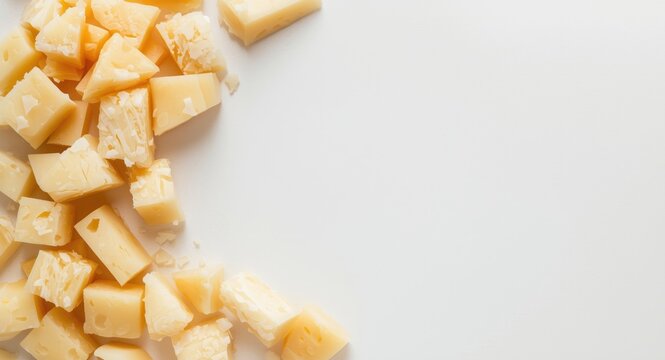 Hand cut Parmesan cheese chunks resting on a clean white platform