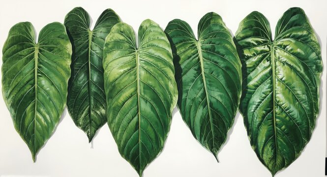 Naturalistic oil portrayal of Kratom leaves with intricate detail set on white background
