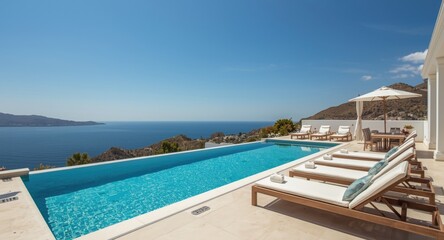 Obraz premium Exclusive villa sun deck furnished with loungers adjacent to a private pool with panoramic views of the sea