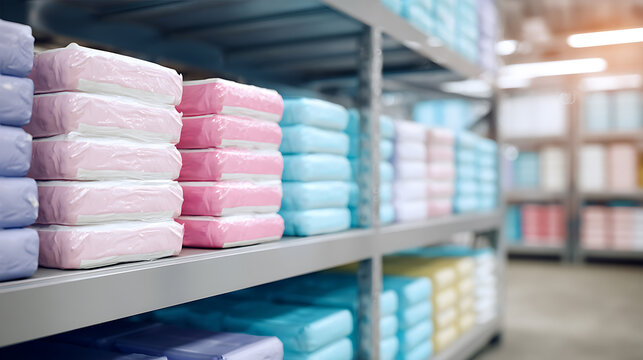 Neat Stacks of Colorful Disposable Products on Store Shelves in a Bright Retail Environment, Focus on Hygiene Items for Personal Care
