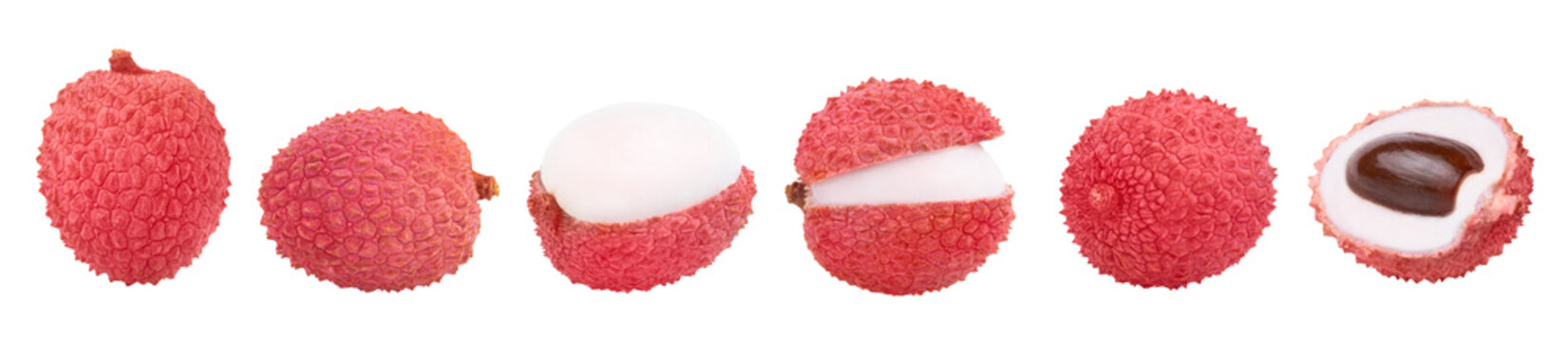 Juicy and fresh pink lychee and half of lychee with seed and peeled half of lychee with open lychee isolated collection.