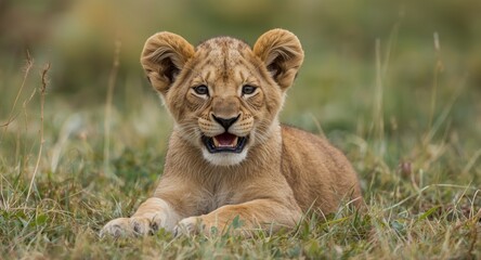 Fototapeta premium Smiling little lion cub enjoying a calm outdoor moment
