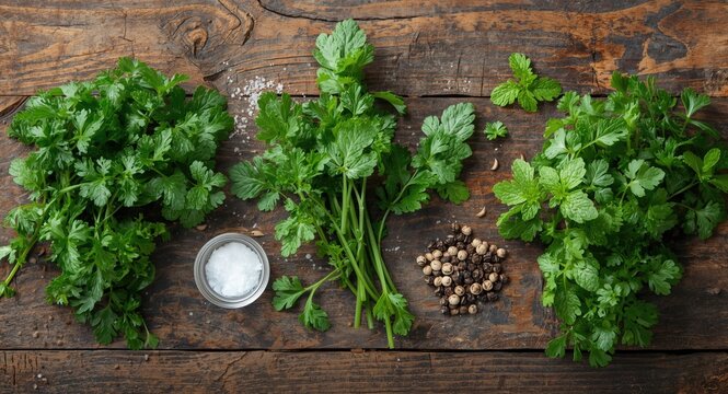 Fresh green parsley and mint herbs arranged with salt and pepper on aged wood surface