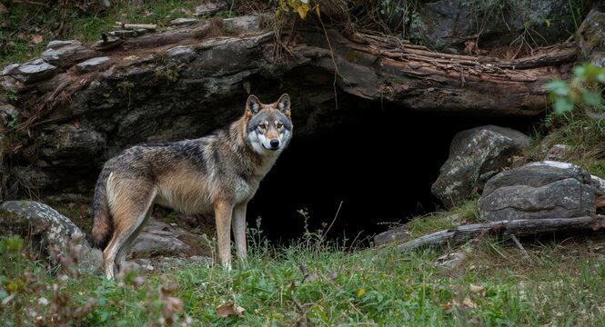 Alert wolf surveying territory close to secluded den spot