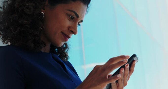 Business, woman and scroll in office with phone, browsing and research for online property listing. Reading, female person and real estate agent in workplace with tech, check website or text message.