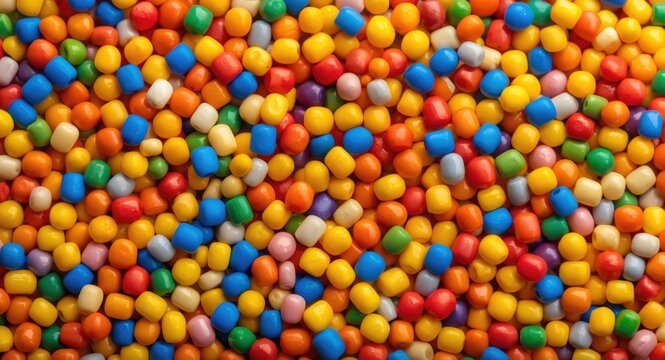 Macro capture of multicolored plastic granules with various sizes intended for manufacturing