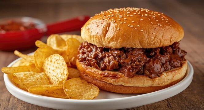Hearty sloppy joe sandwich alongside crispy potato chips for an enjoyable BBQ dining