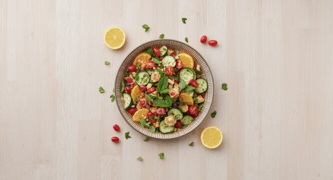 Flat lay of Lebanese salad spread with tabbouleh and fattoush emphasizing fresh ingredients