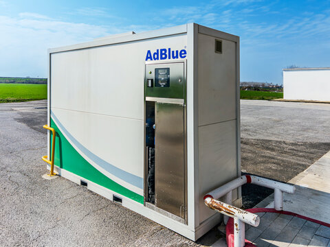 Italy - March 9, 2026: AdBlue dispenser, a urea solution used in diesel engines to reduce nitrogen oxide emissions