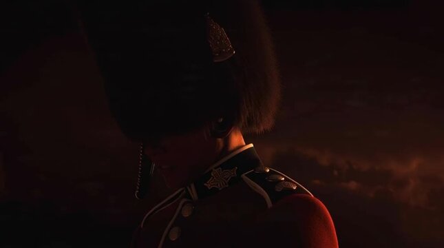 British Royal Guard in Bearskin Hat at Sunset Parade Silhouette