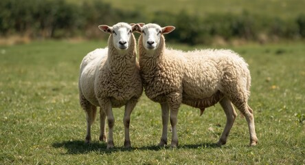 Fototapeta premium Pair of serene sheep standing together on thick green grass lawn during a bright and warm summer day full length