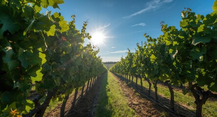 Fototapeta premium Grape foliage moving joyfully in green vineyard with radiant sun and vivid blue sky