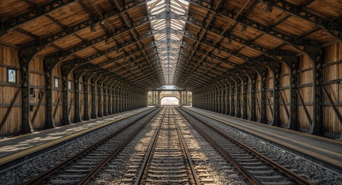 Engineered symmetrical railway inside structure under sunlight through wooden ceiling displaying steel metal composites