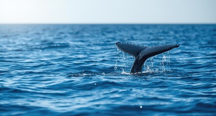 Fototapeta premium Gray whale tail surfacing with water droplets on a vibrant summer ocean scene