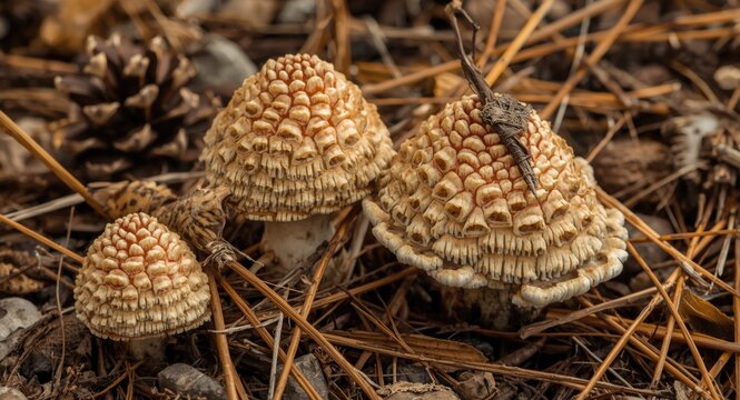 Rustgill fungus close view with pine cones and needles around