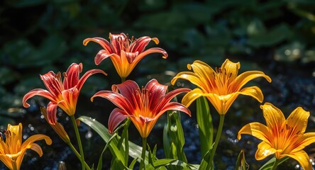 Fototapeta premium Colorful rain lilies blooming energetically with sunlight and water sheen