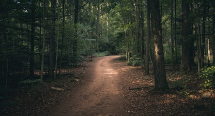 Obraz premium Quiet forest trail where two footpaths meet and form one path