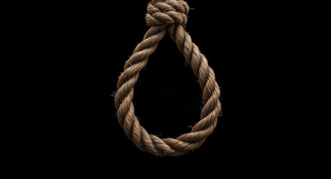 Intense detail of worn rope shaped into a hangmans noose captured in high definition