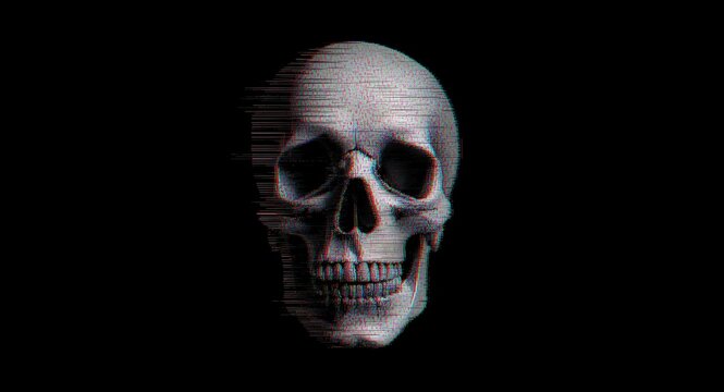 Front skull design glitch with pixel sorting and multi color channel displacement on black surface