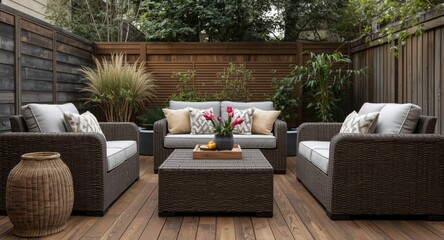 Fototapeta premium Backyard terrace space with wooden floor, comfy seats, and stylish wicker ottoman