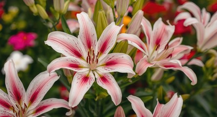 Fototapeta premium Close up of pink and white lilies blooming in a vibrant garden