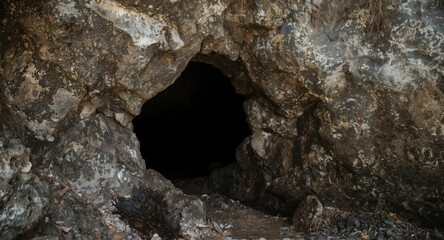 Fototapeta premium Rock wall cave entrance with dark opening in ancient mineral mine