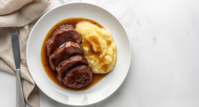 Overhead image of roast beef glazed with thick demi glace and mashed potatoes on a simple white plate