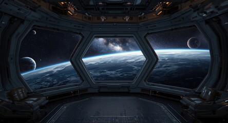 Fototapeta premium futuristic space cabin with wide window to universe and planets beyond
