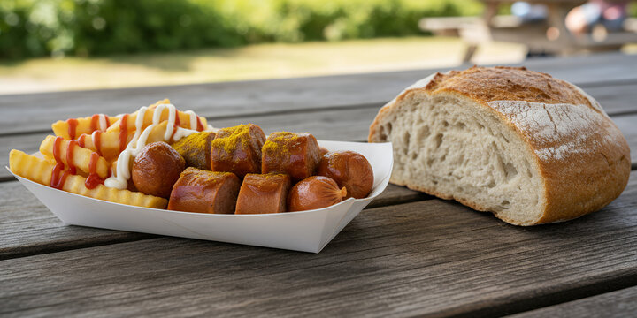 Currywurst with Bread Roll Traditional German Street Food