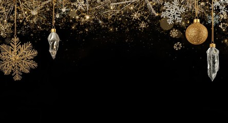 Fototapeta premium Radiant gold holiday baubles and sparkling frozen crystals hanging on dark black background with copy space