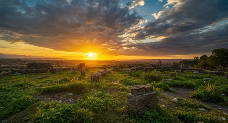 Obraz premium Ancient relics set within vibrant greenery under a dramatic dawn horizon filled with bright clouds and a glowing sun