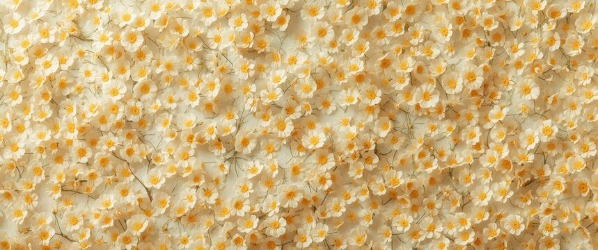 Light pale canvas covered with endless pattern of small yellow flowers in ditsy style