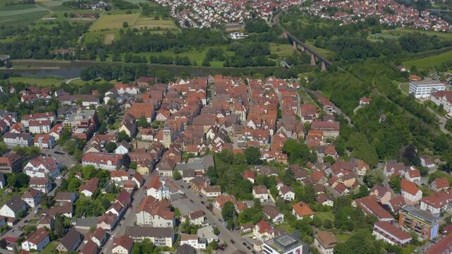 Aerial view of the old town above the city of Marbach in south Germany, on a sunny spring day.