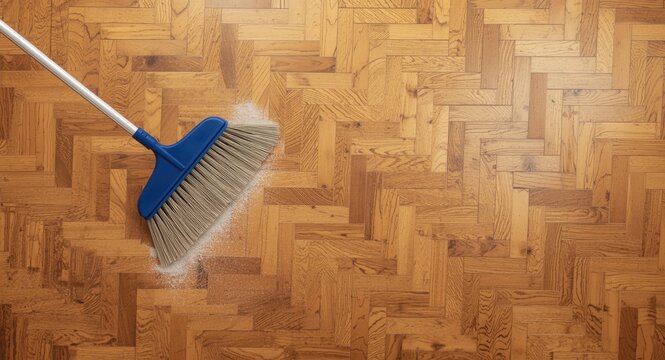 Gently cleaning a hardwood parquet floor with sweeping actions for shine