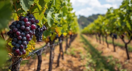 Naklejka premium Sangiovese grape bunches with rich color in vineyard landscape