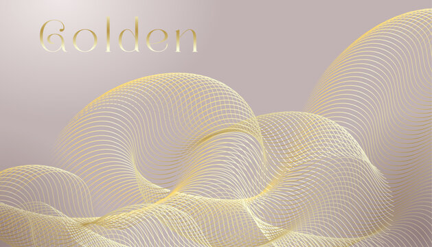 Beige background with golden wavy soft transparent lines, delicate shimmer, and an exquisite abstract gradient texture. Flowing golden gradient threads. Luxury vector illustration