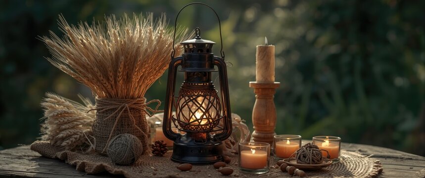 Ritualistic display of wheat and handcrafted lantern on outdoor table during Wiccan summer sabbat