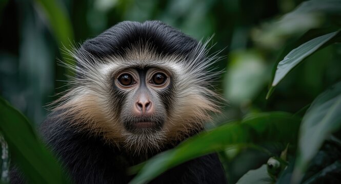 Close up of an endangered red shanked douc langur with detailed facial features in dense tropical habitat