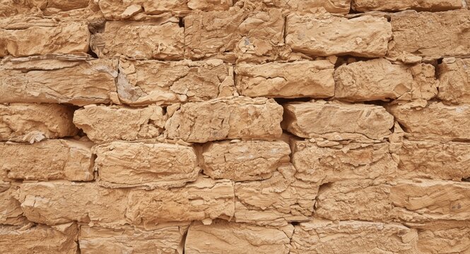 Rustic ancient adobe wall built from natural mud bricks