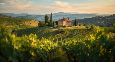 Fototapeta premium gentle hills backdrop framing rustic villa surrounded by green vineyards in summer