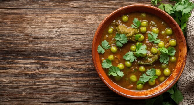 Hearty green pea curry served in an artisanal pottery bowl garnished with coriander leaves on a timber surface copy space