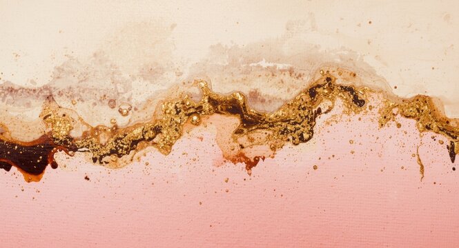 Abstract beige fluid painting with golden pigment stains and brown ink on pink textured ground