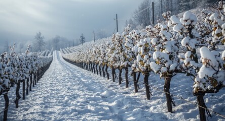 Fototapeta premium Snowy winter vineyard scene with vines climbing a gentle slope