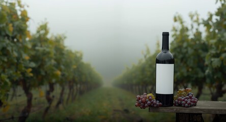 Naklejka premium Grapes and wine bottle captured in foggy vineyard setting with blank copy space
