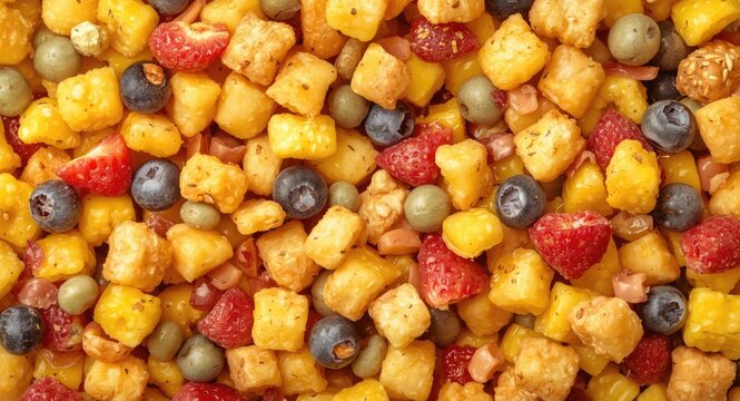 Corn puffs cereal served with colorful fruit mix inspiring healthy eating for individuals