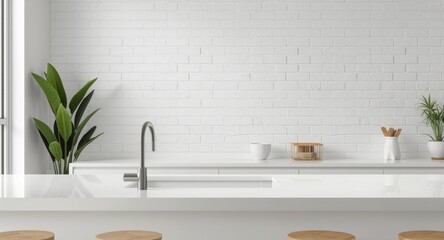 Fototapeta premium Bright kitchen interior with white brick walls and sleek countertops featuring a potted plant near the wall