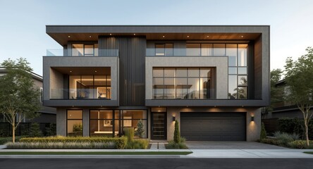 Obraz premium Exterior view of a residential building with sleek geometric design and upscale details